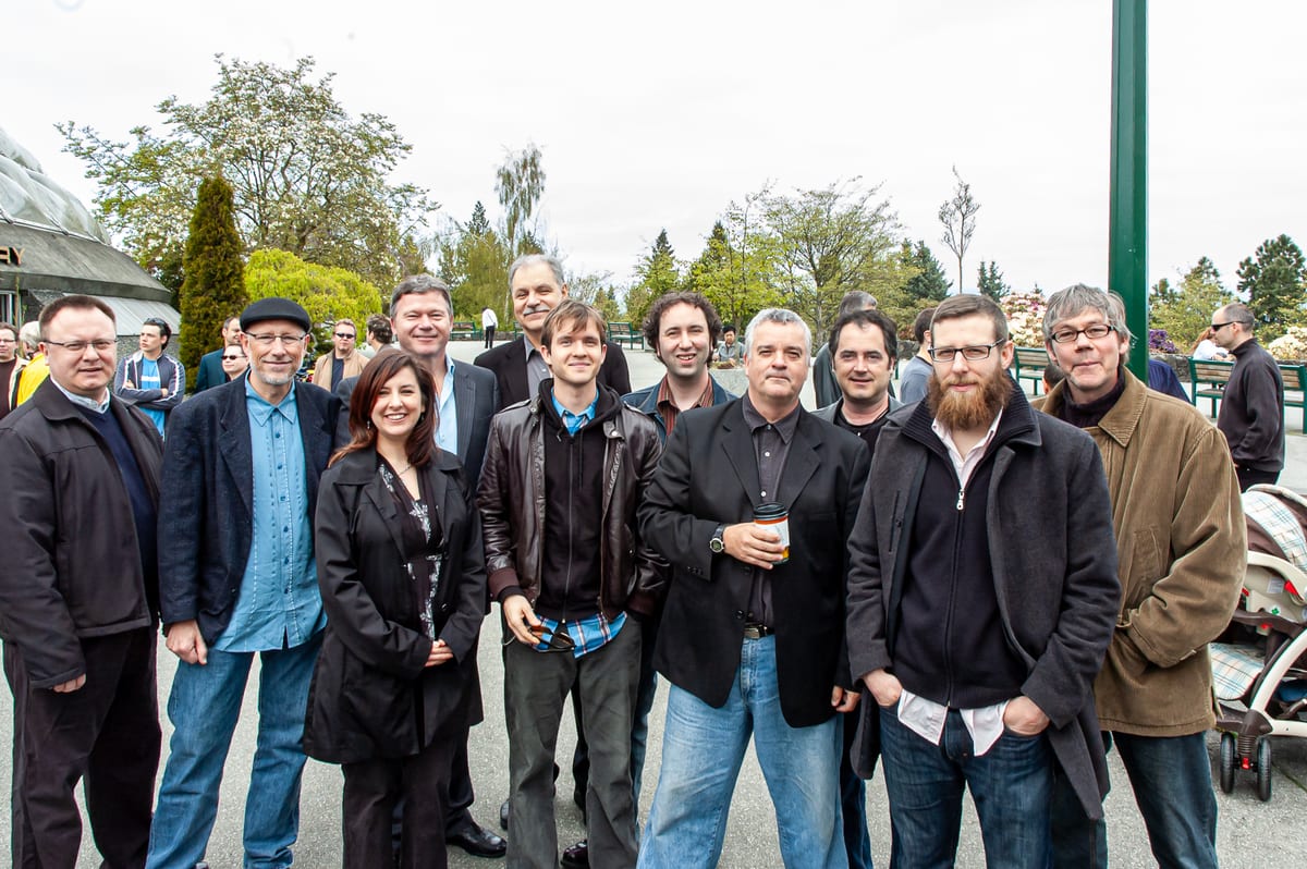 The bass players outside the Bloedel Conservatory