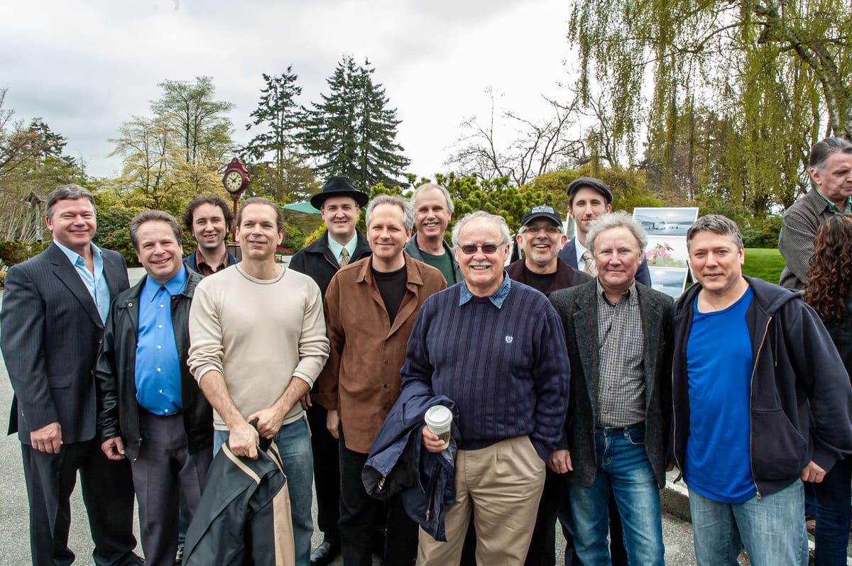 The guitarists outside the Bloedel Conservatory