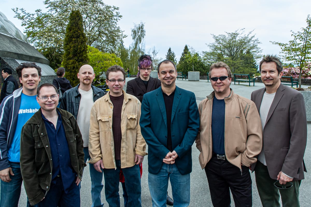 The trumpet players outside the Bloedel Conservatory